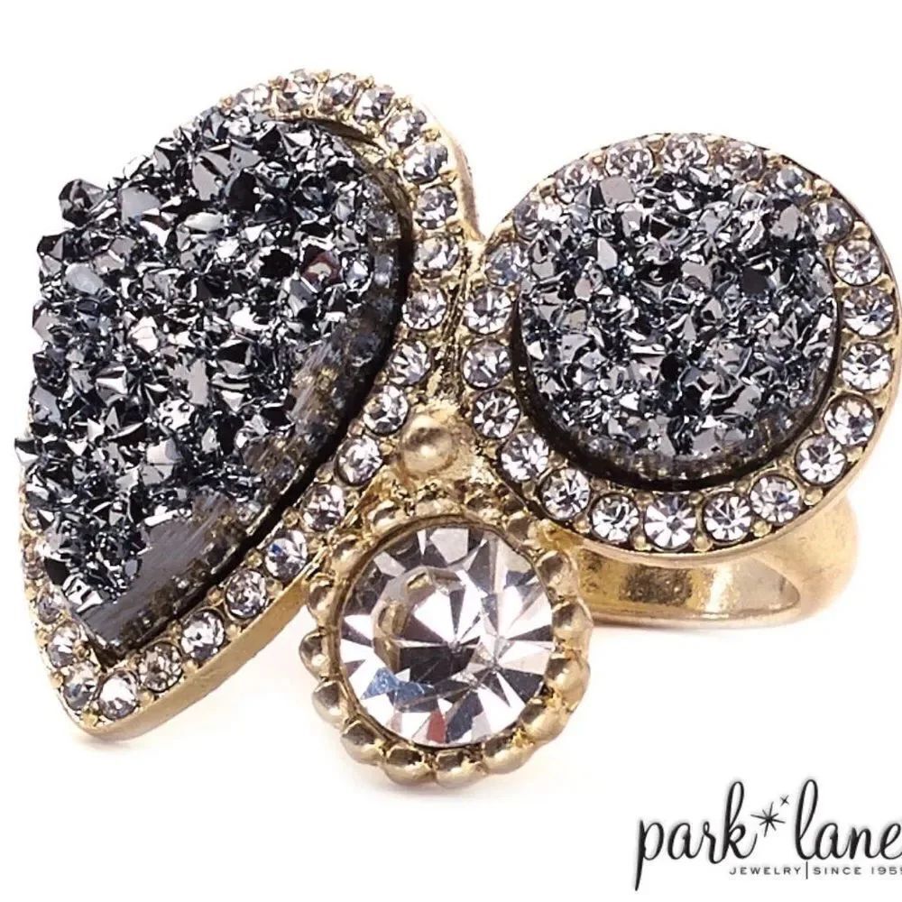 Park Lane Aspen Statement Ring Hematite Gray Druzy Crystal Gold Size 7
